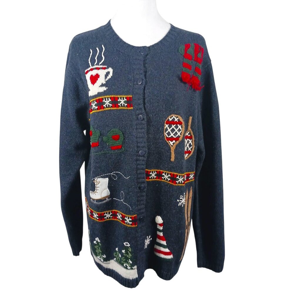 Quaker Factory Novelty Cardigan, Dark Gray Ski Winter Theme, SZ M, Holiday Cabin